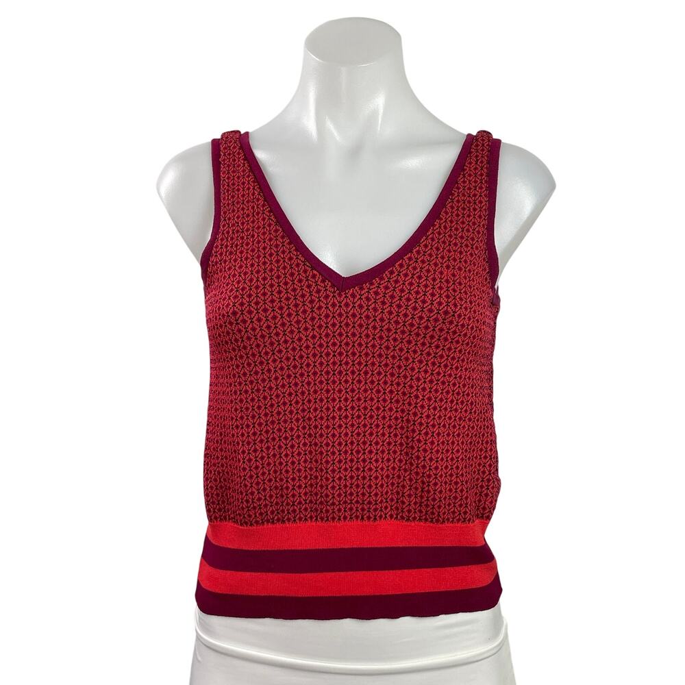 Zara Knit Womens Red Block Print Striped Sleeveless V-neck Cropped Tank Top Sz S